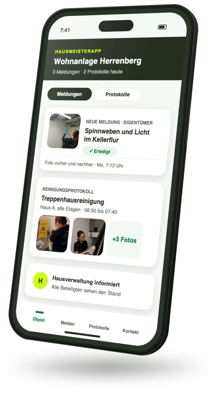 Smartphone mit der Hausmeisterapp für den Hausmeisterservice: Schadensmeldung mit Foto, Reinigungsprotokoll und Hinweis an die Hausverwaltung