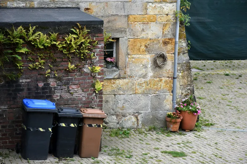 Blaue, schwarze und braune Mülltonne an einer Hauswand auf gepflastertem Hof